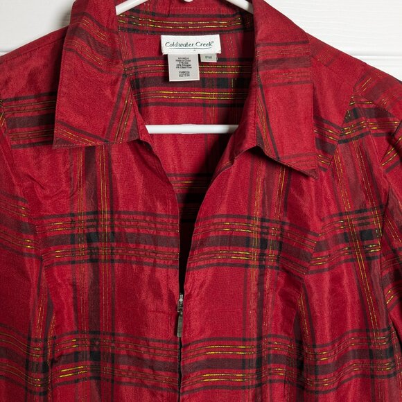 Coldwater Creek Women's Silk Red Gold Metallic Plaid Top Zip Front Petite Medium - Picture 3 of 16
